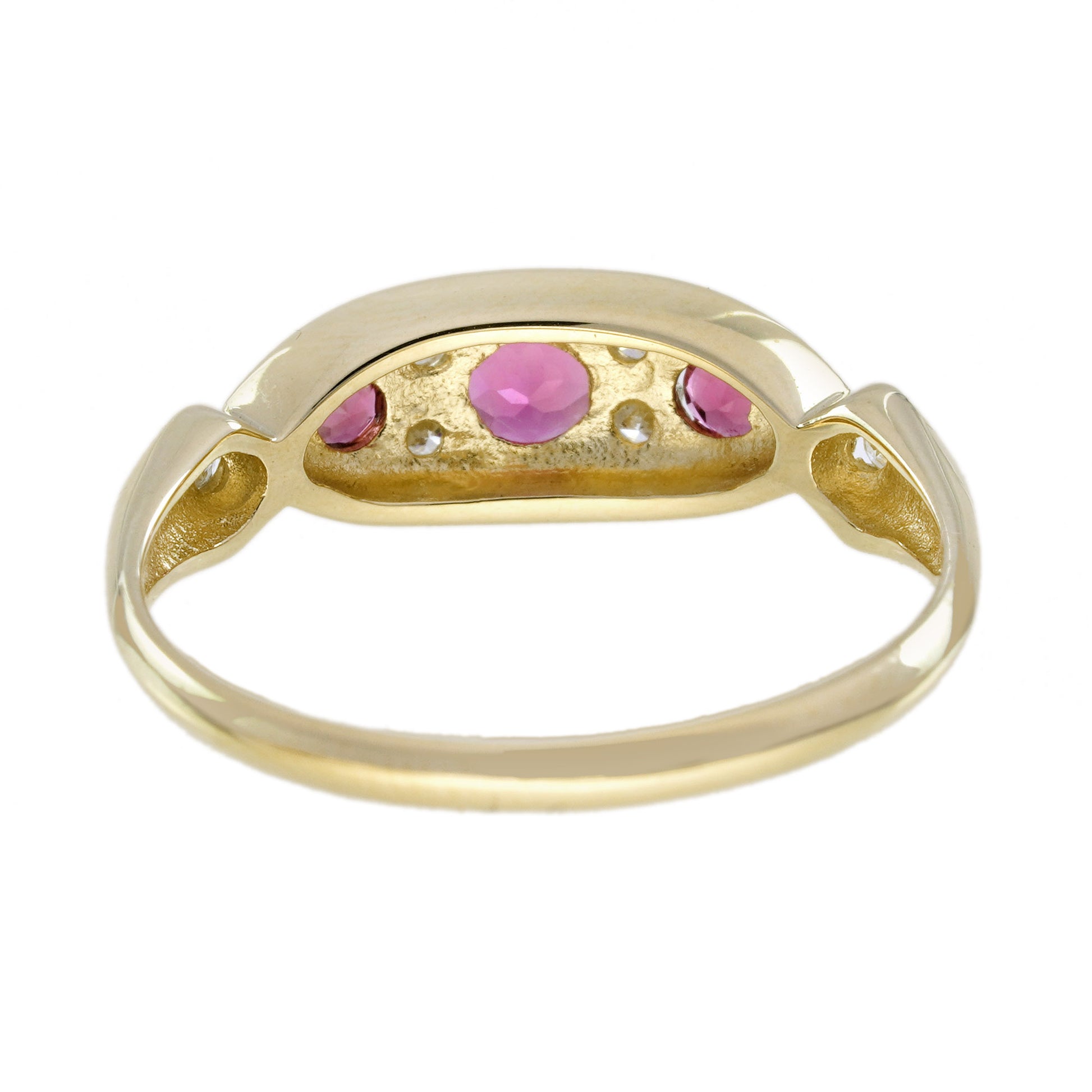 Pink Tourmaline & Diamond Vintage Style Three Stone Yellow Gold Ring