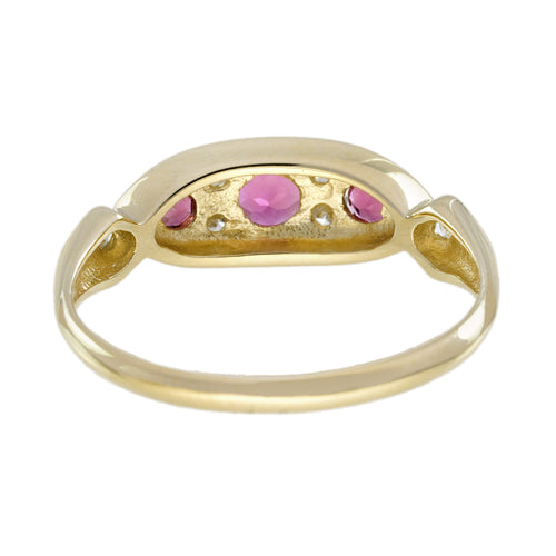 Pink Tourmaline & Diamond Vintage Style Three Stone Yellow Gold Ring