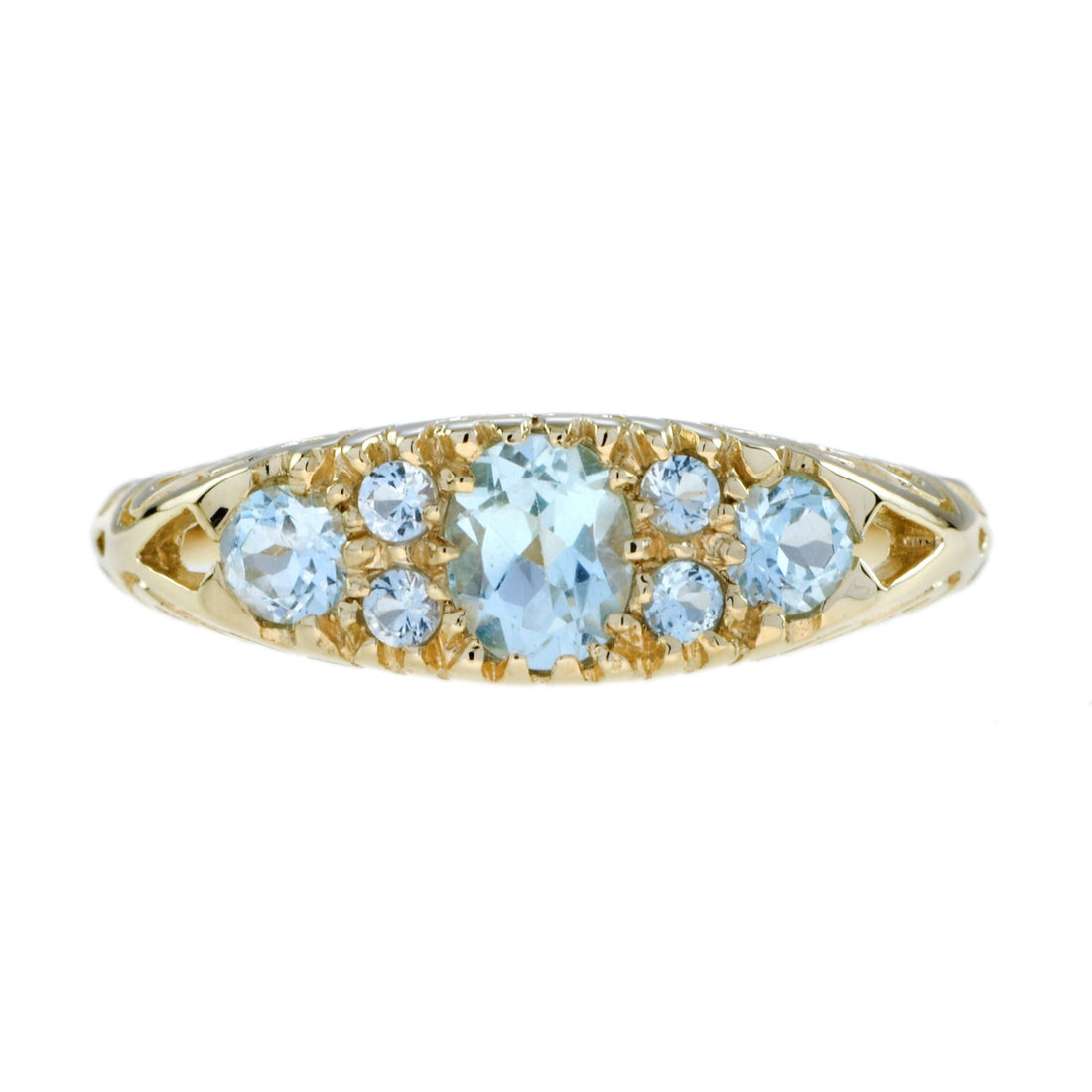 Blue Topaz Vintage Style Three Stone Cluster Filigree 14K Yellow Gold Ring