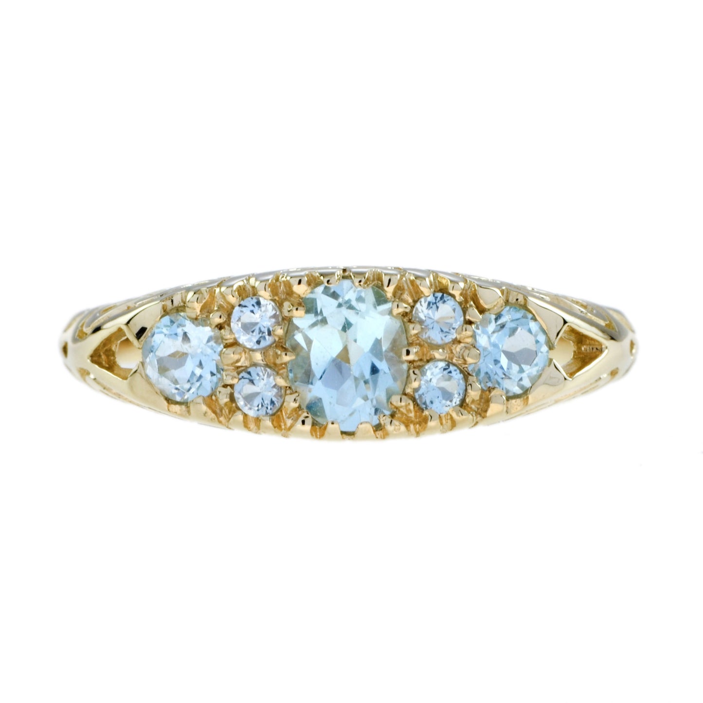 blue topaz vintage style three stone cluster filigree 14k yellow gold ring