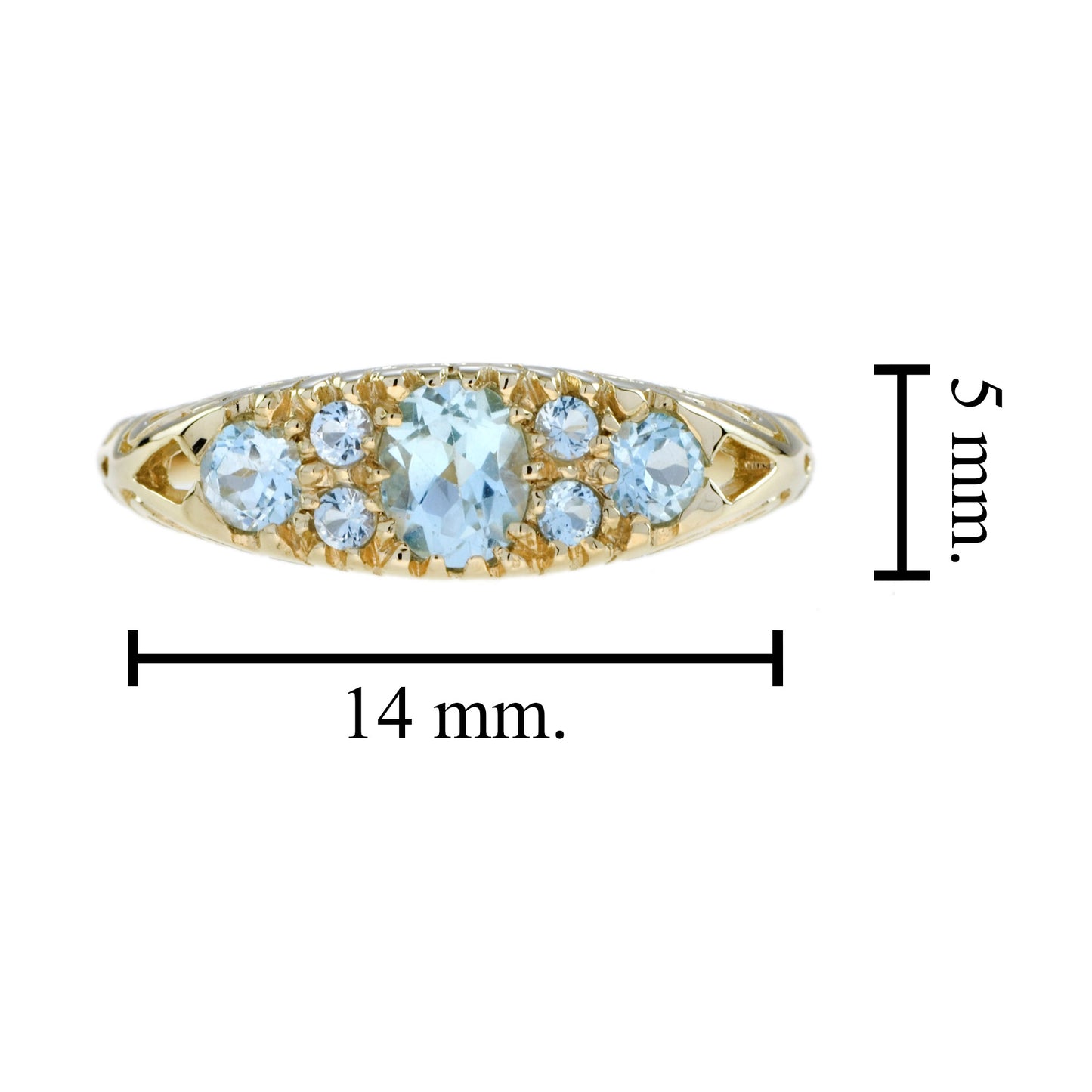 blue topaz vintage style three stone cluster filigree 14k yellow gold ring