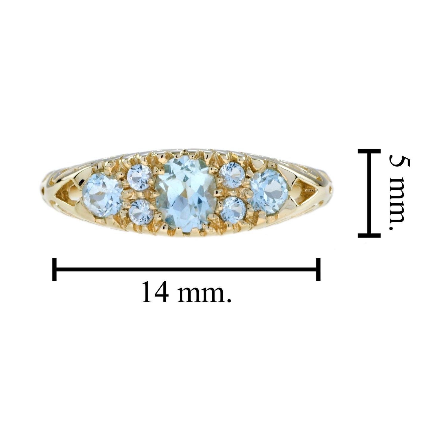 Blue Topaz Vintage Style Three Stone Cluster Filigree 14K Yellow Gold Ring