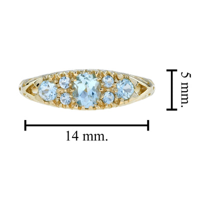 Blue Topaz Vintage Style Three Stone Cluster Filigree 14K Yellow Gold Ring