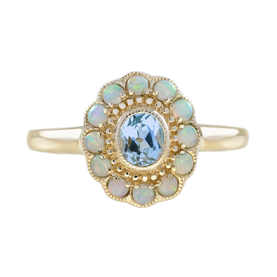 Blue Topaz & White Opal Halo Set Vintage Style Floral Halo Yellow Gold Ring