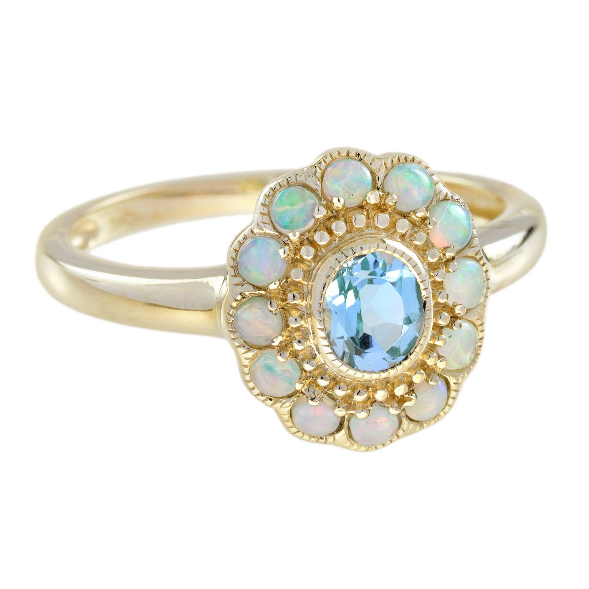 Blue Topaz &amp; White Opal Halo Set Vintage Style Floral Halo Yellow Gold Ring