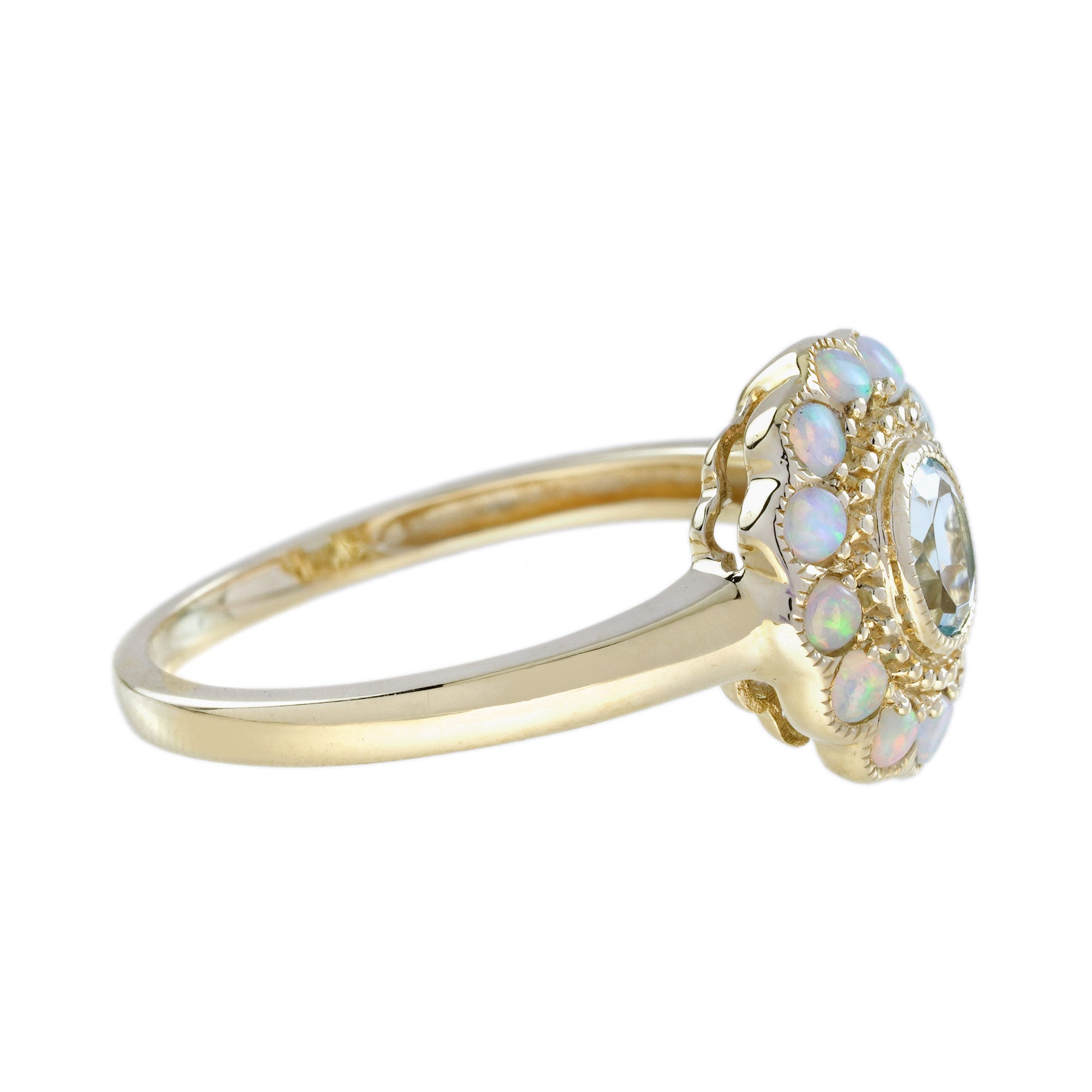 Blue Topaz &amp; White Opal Halo Set Vintage Style Floral Halo Yellow Gold Ring