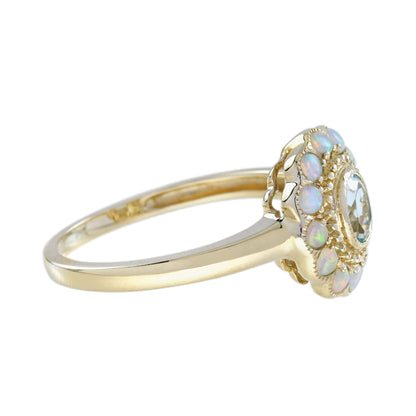Blue Topaz &amp; White Opal Halo Set Vintage Style Floral Halo Yellow Gold Ring