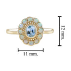 Blue Topaz & White Opal Halo Set Vintage Style Floral Halo Yellow Gold Ring