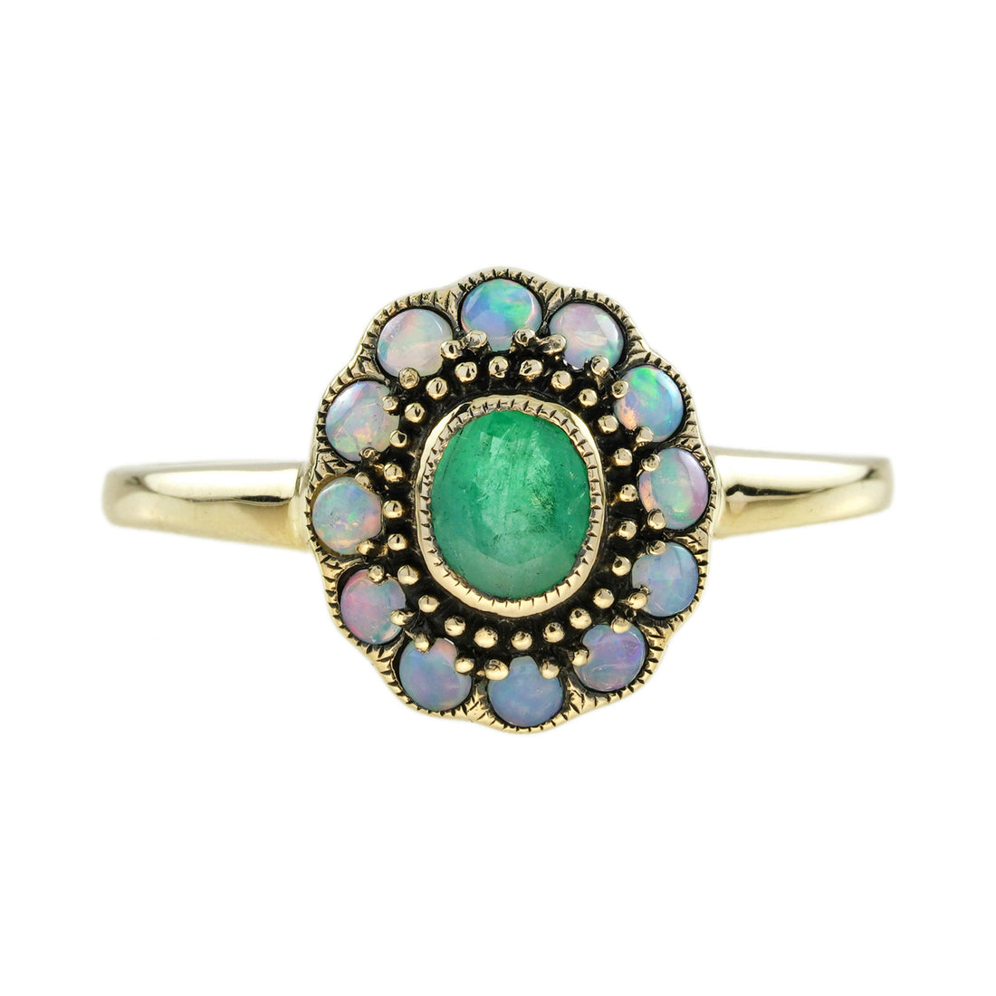 Emerald &amp; Opal Vintage Style Floral Halo Yellow Gold Ring