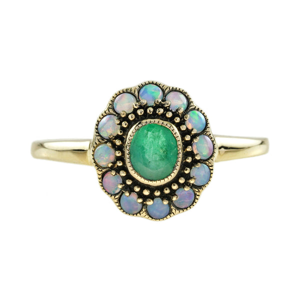 0.75 Ctw Art Deco Style Emerald & Opal 9K Yellow Gold Halo Ring
