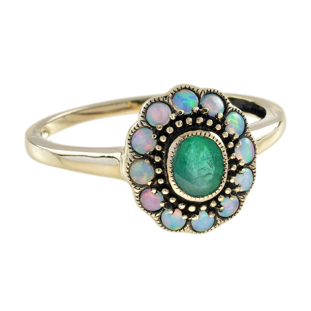 Emerald & Opal Vintage Style Floral Halo Yellow Gold Ring