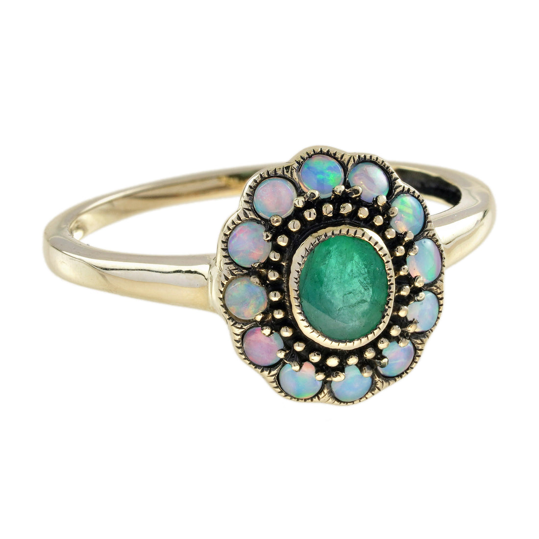 Emerald &amp; Opal Vintage Style Floral Halo Yellow Gold Ring