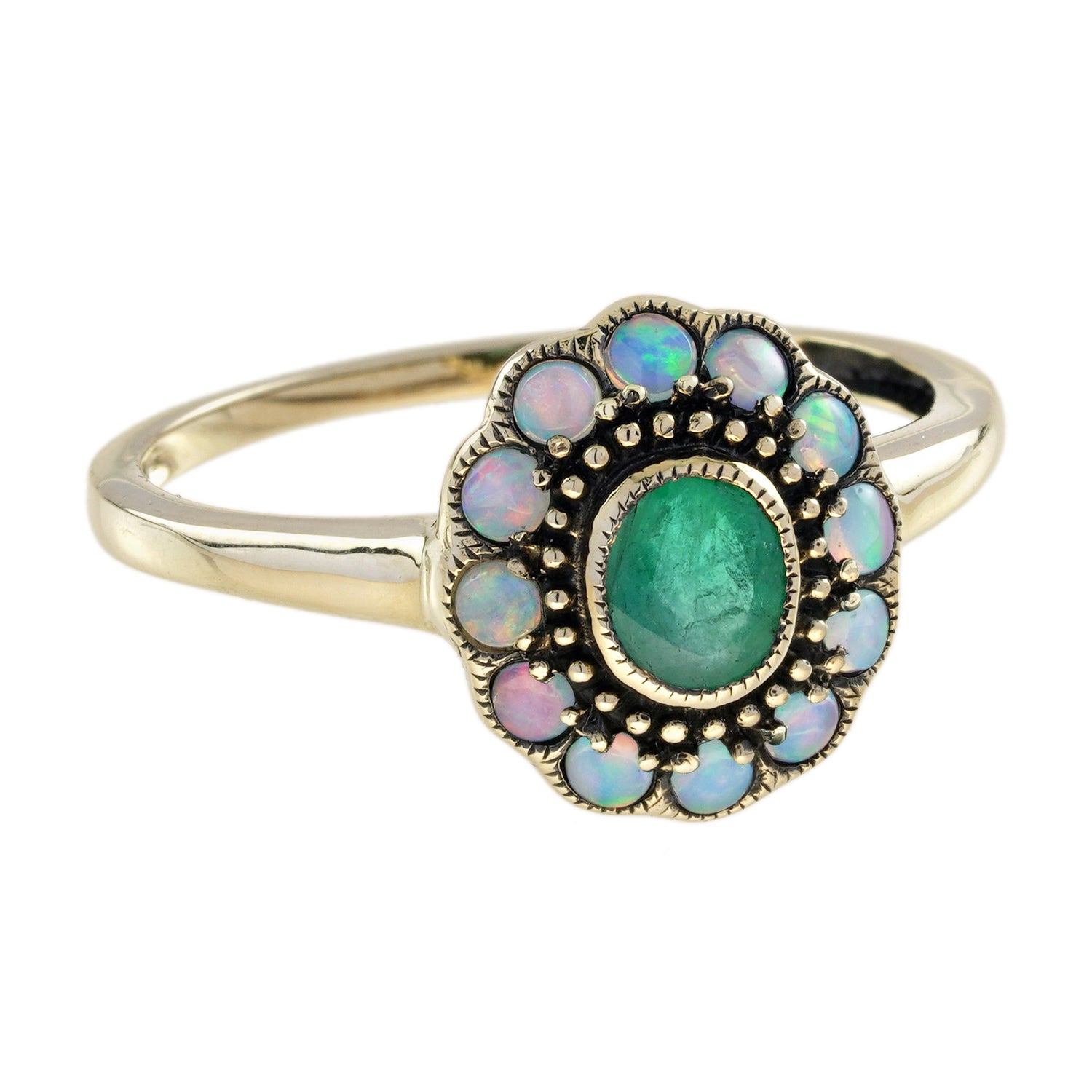 Emerald &amp; Opal Vintage Style Floral Halo Yellow Gold Ring