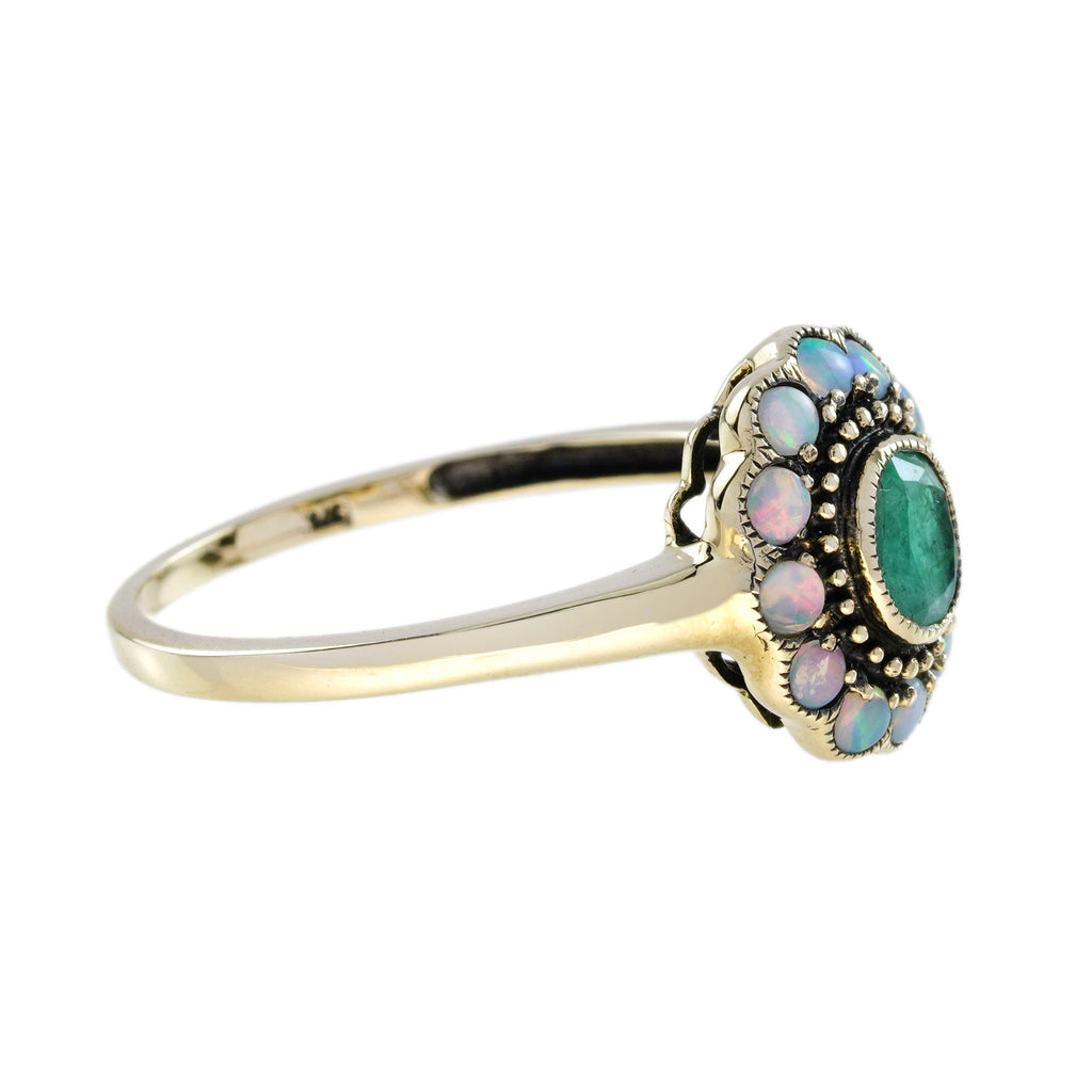Emerald & Opal Vintage Style Floral Halo Yellow Gold Ring