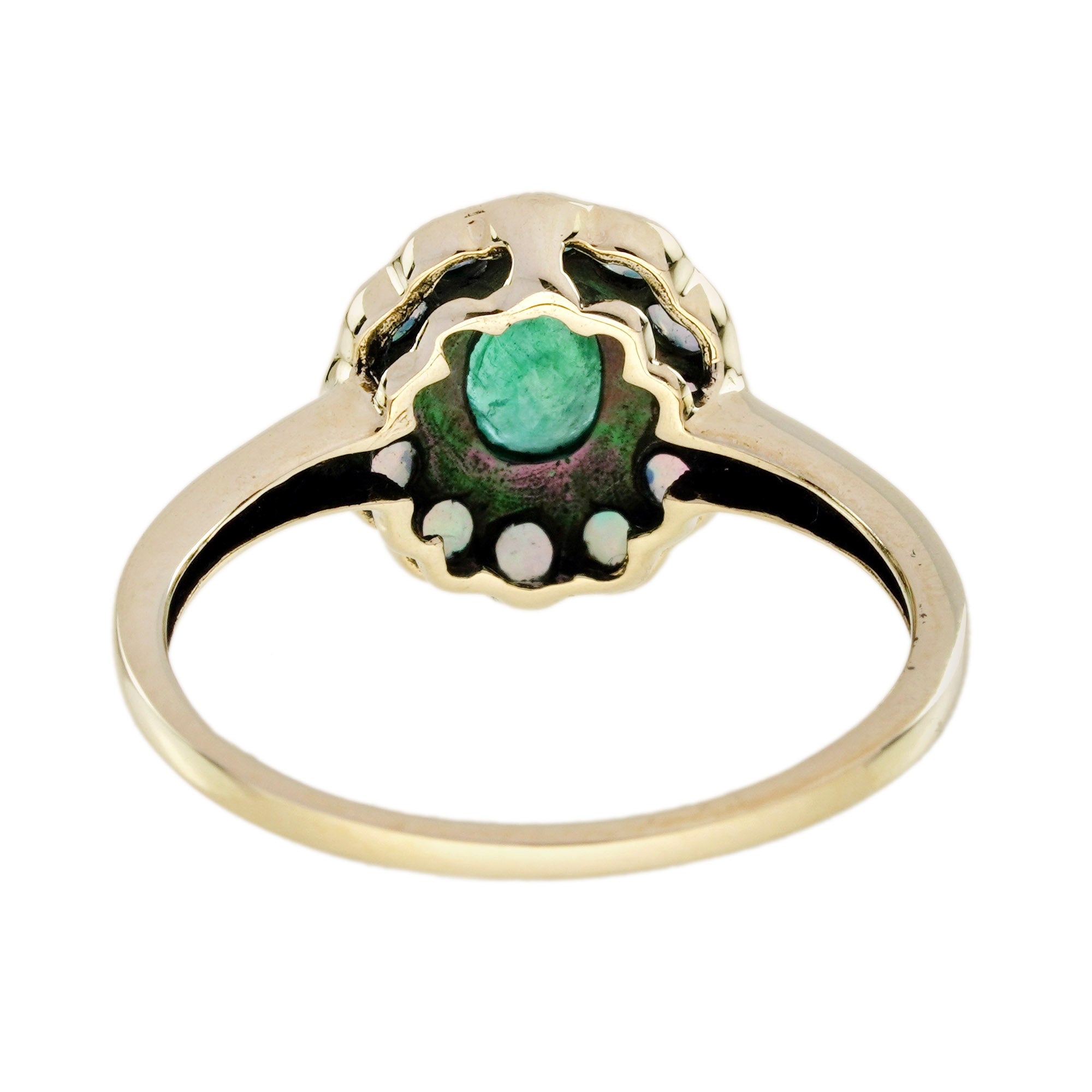 Emerald & Opal Vintage Style Floral Halo Yellow Gold Ring