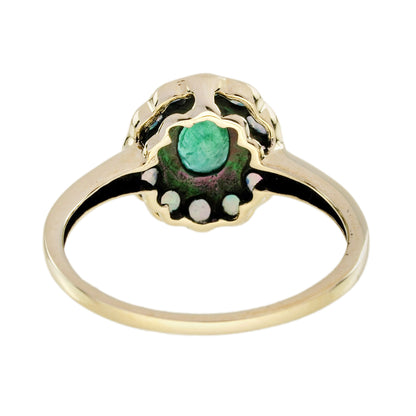 Emerald &amp; Opal Vintage Style Floral Halo Yellow Gold Ring