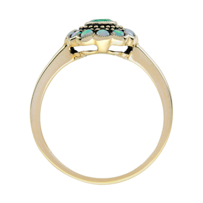Emerald &amp; Opal Vintage Style Floral Halo Yellow Gold Ring