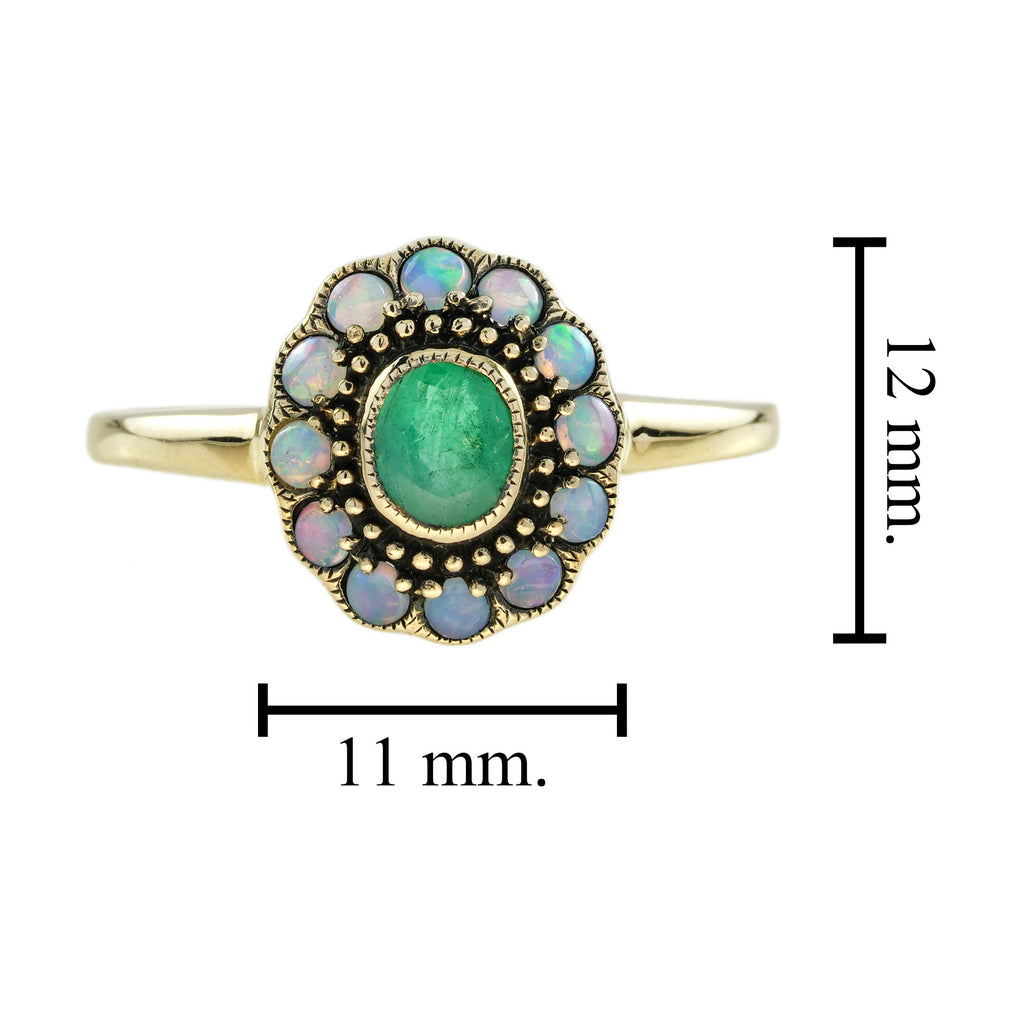 Emerald & Opal Vintage Style Floral Halo Yellow Gold Ring