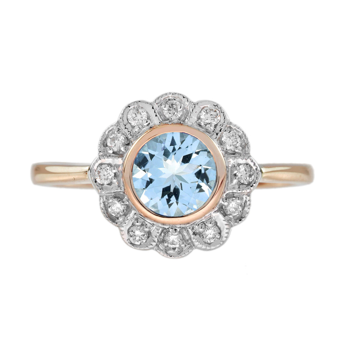 Round Blue Aquamarine & Diamond Vintage Style Floral Halo Set Rose Gold Ring