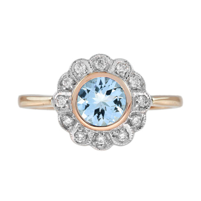 1.05 Ctw Vintage Style Aquamarine &amp; Diamond Rose Gold Floral Halo Ring