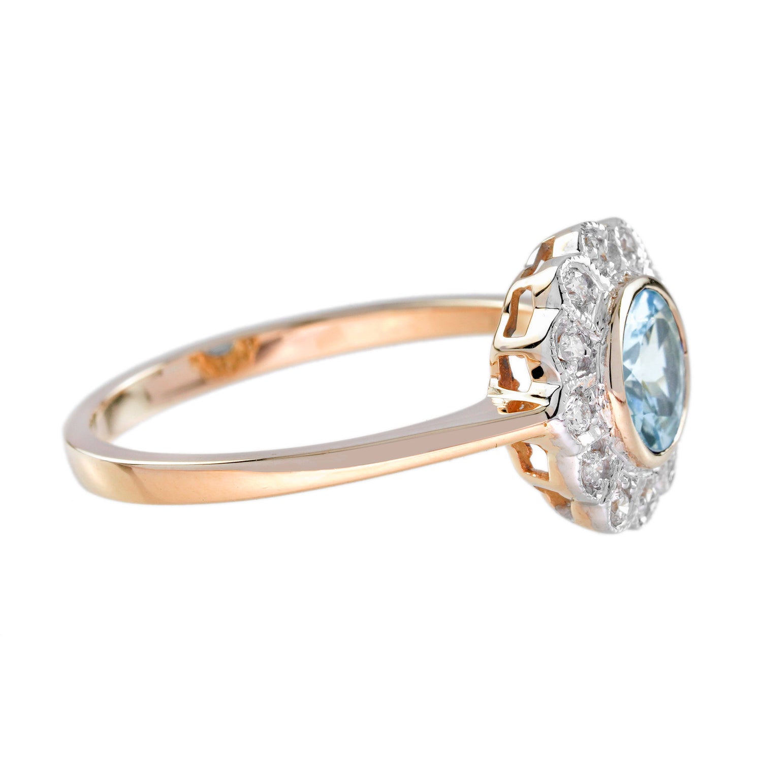 1.05 Ctw Vintage Style Aquamarine &amp; Diamond Rose Gold Floral Halo Ring