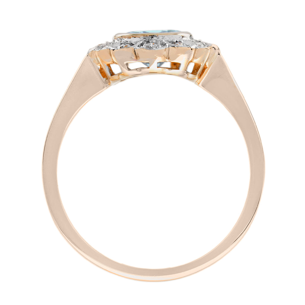Round Blue Aquamarine & Diamond Vintage Style Floral Halo Set Rose Gold Ring