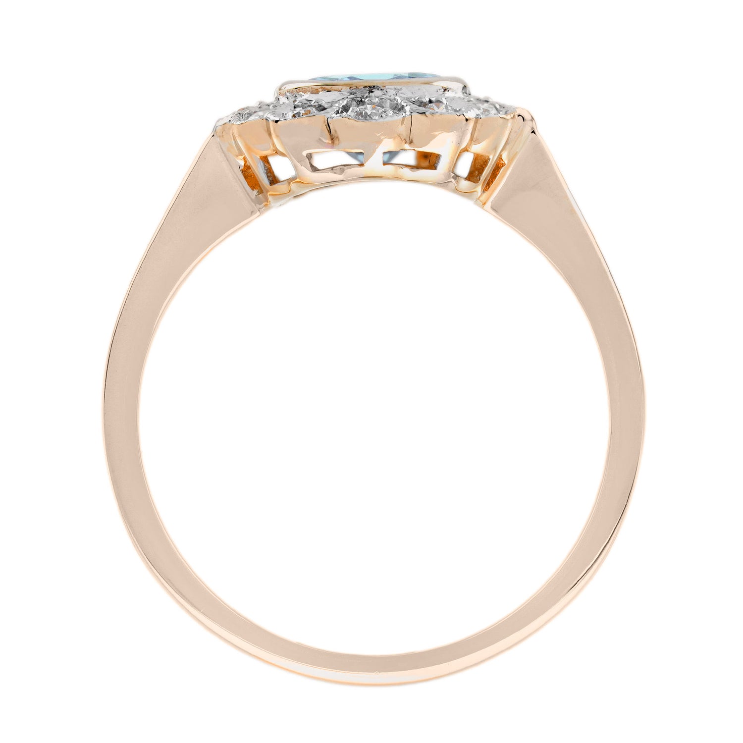 Round Blue Aquamarine &amp; Diamond Vintage Style Floral Halo Set Rose Gold Ring