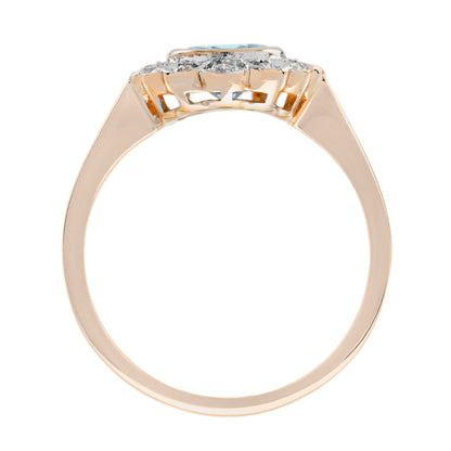 Round Blue Aquamarine &amp; Diamond Vintage Style Floral Halo Set Rose Gold Ring