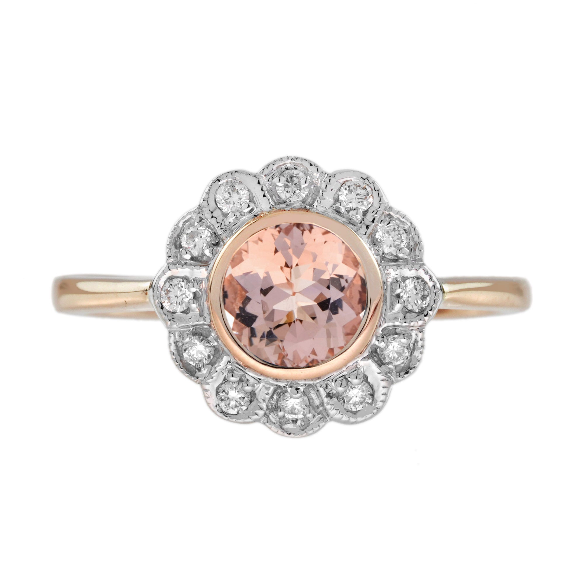 Round Peach Orange Morganite & Diamond Vintage Style Floral Halo Rose Gold Ring