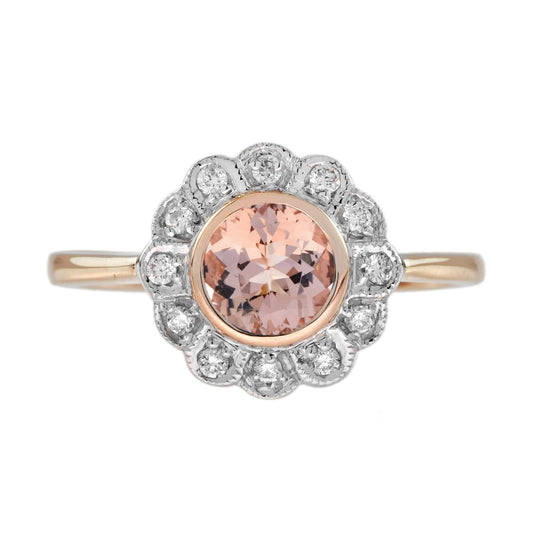 Round Peach Orange Morganite & Diamond Vintage Style Floral Halo Rose Gold Ring