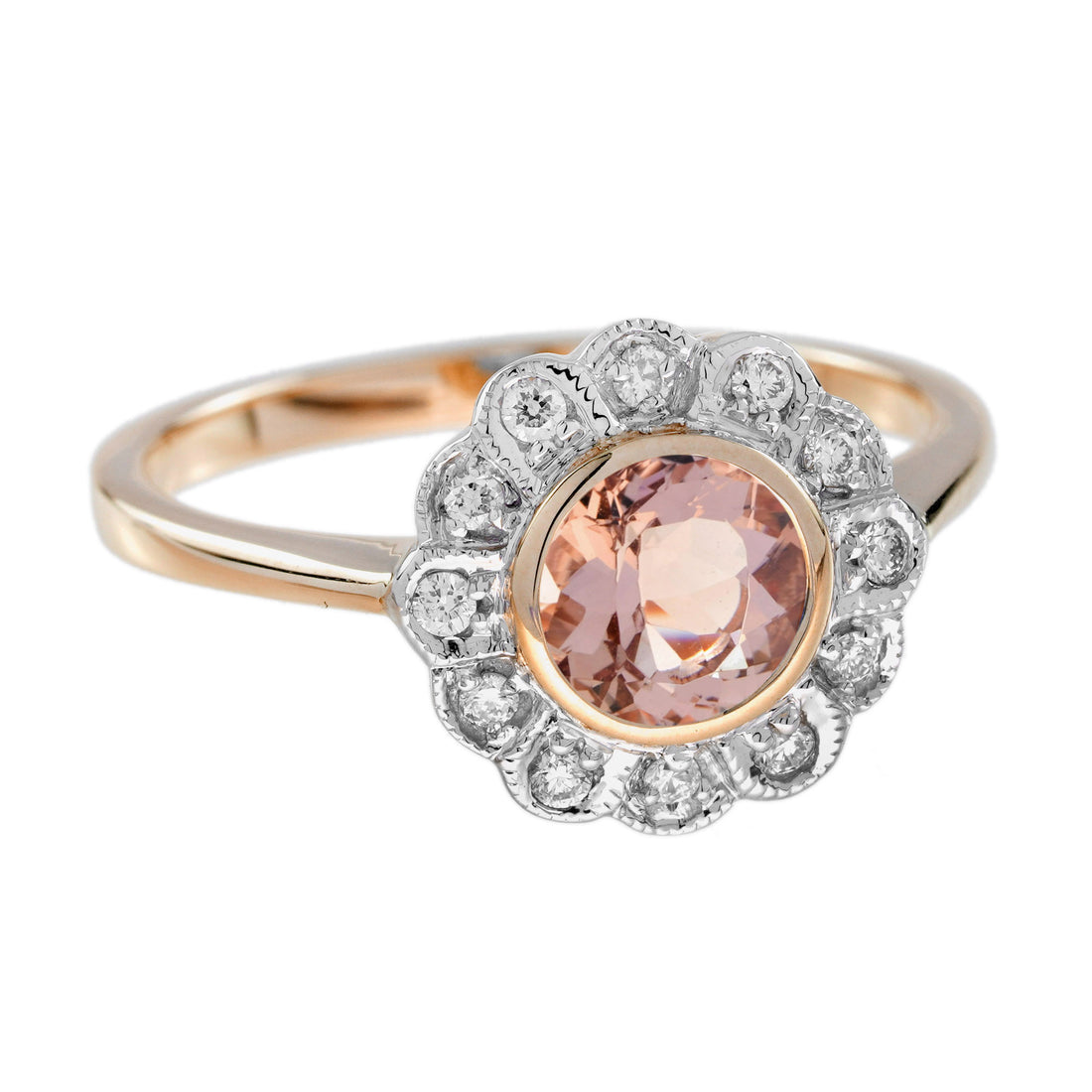 Round Peach Orange Morganite &amp; Diamond Vintage Style Floral Halo Rose Gold Ring