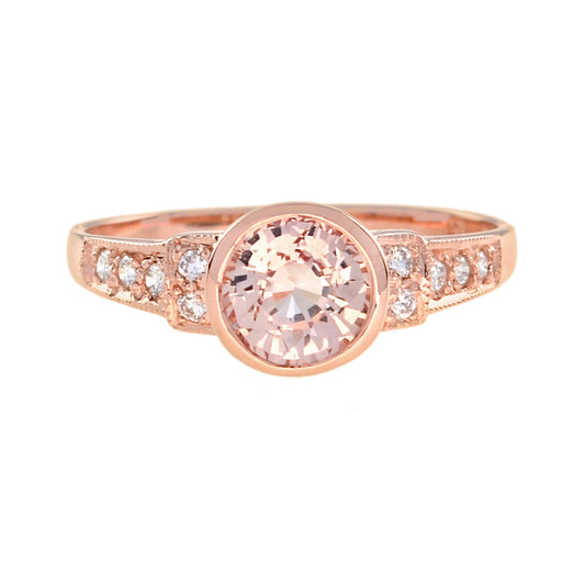 Round Brilliant Peach Pink Morganite & Diamond Classic Style 14K Rose Gold Ring