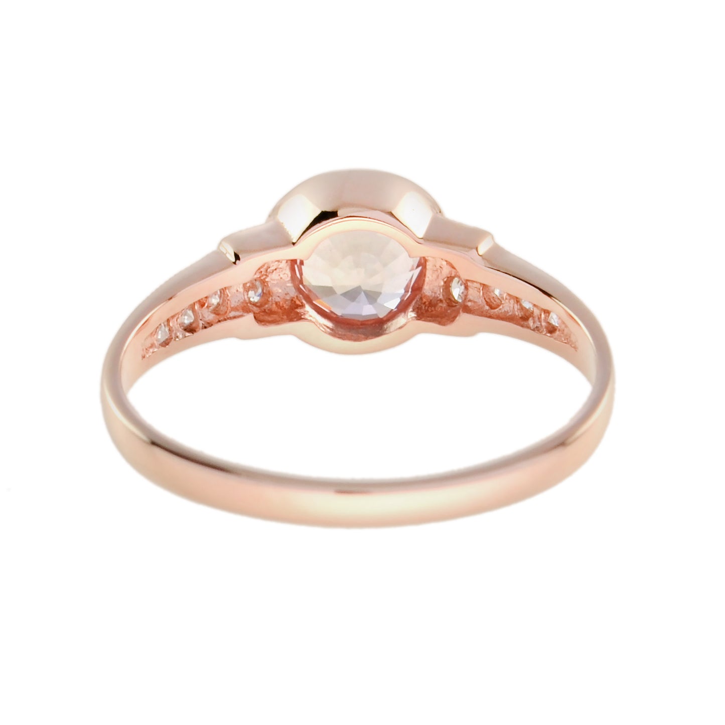round brilliant peach pink morganite & diamond classic style 14k rose gold ring