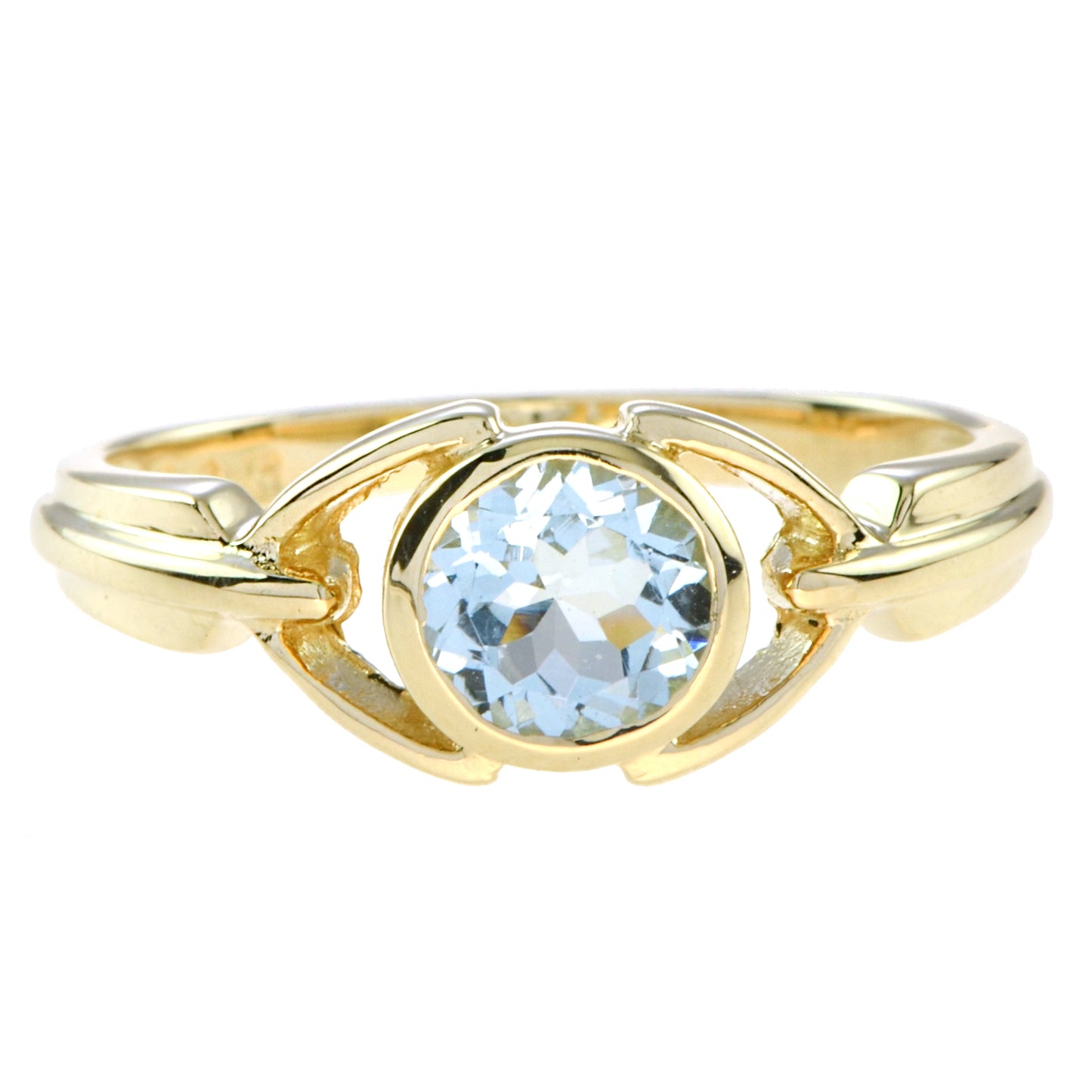 vintage style round blue aquamarine bezel set 14k yellow gold ring