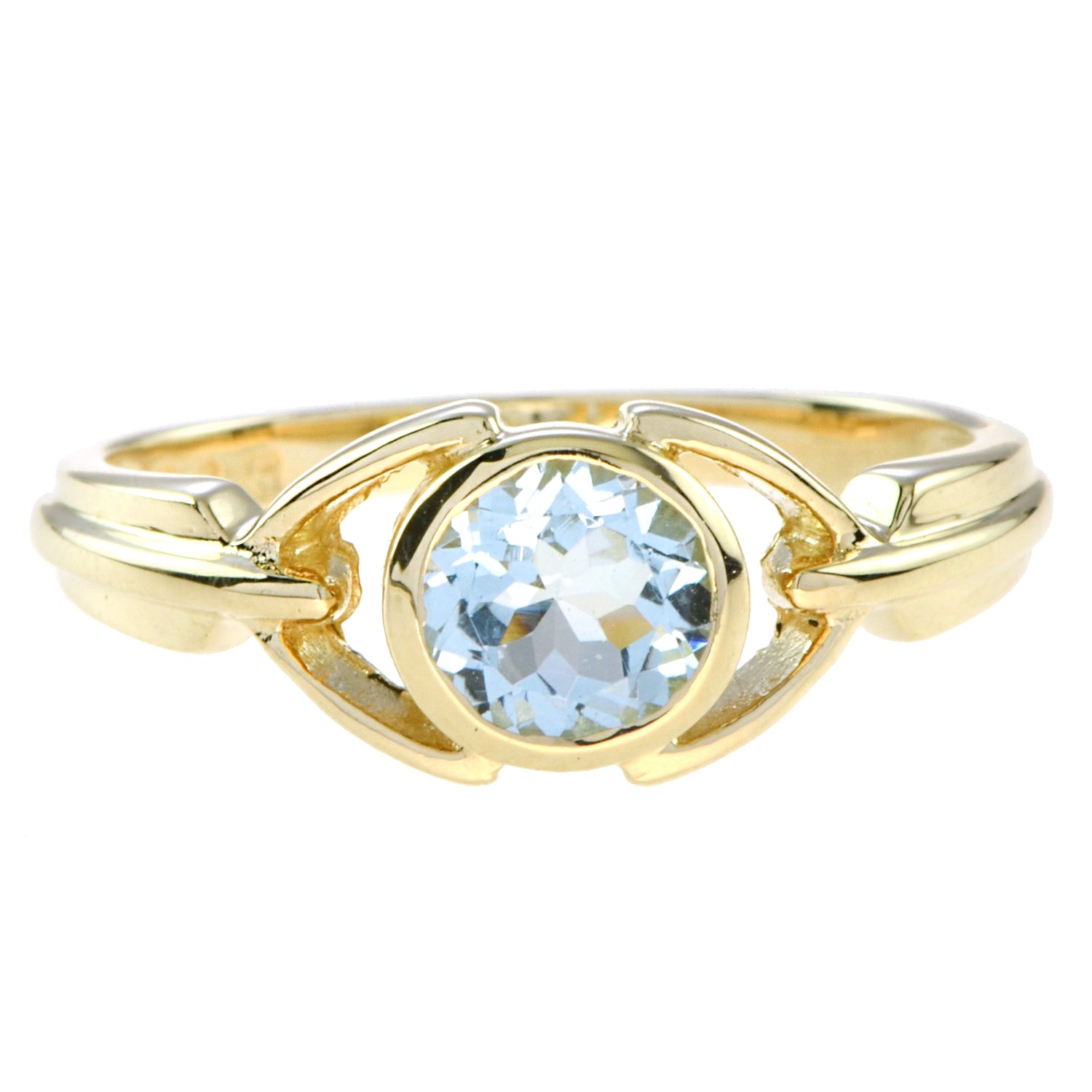 Vintage Style Round Blue Aquamarine Bezel Set 14K Yellow Gold Ring