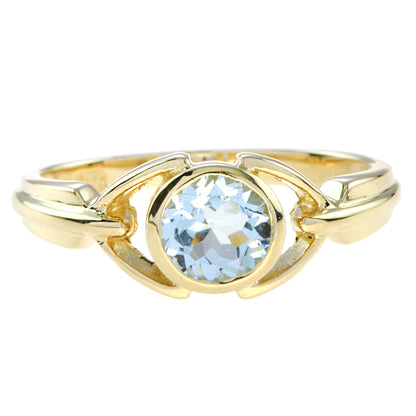 Vintage Style Round Blue Aquamarine Bezel Set 14K Yellow Gold Ring