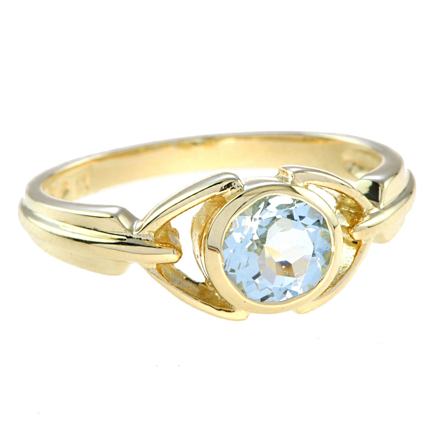 vintage style round blue aquamarine bezel set 14k yellow gold ring
