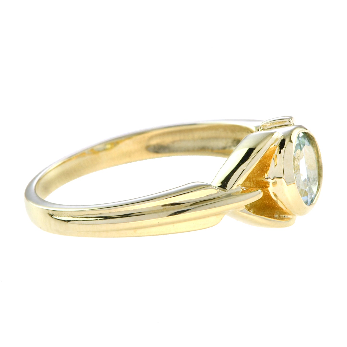 vintage style round blue aquamarine bezel set 14k yellow gold ring
