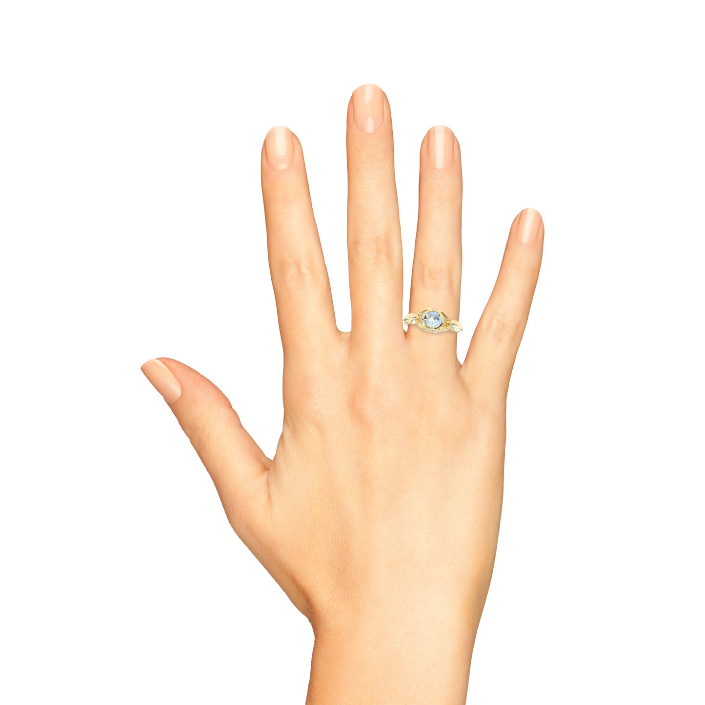 vintage style round blue aquamarine bezel set 14k yellow gold ring