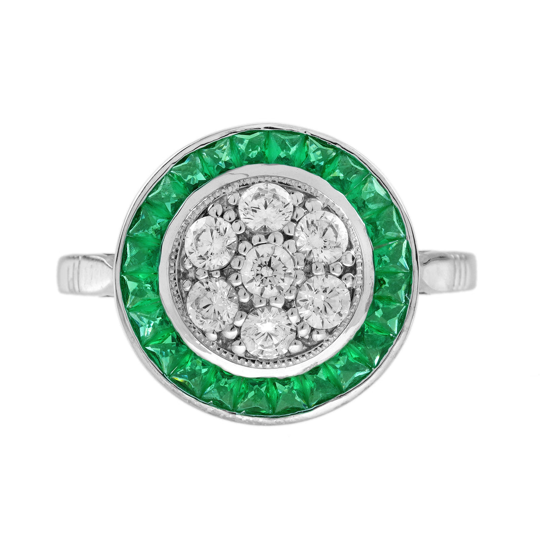 Diamond Cluster & Green Emerald Fancy Halo Set Art Deco Style White Gold Ring