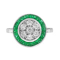 Diamond Cluster & Green Emerald Fancy Halo Set Art Deco Style White Gold Ring