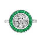 Diamond Cluster & Green Emerald Fancy Halo Set Art Deco Style White Gold Ring