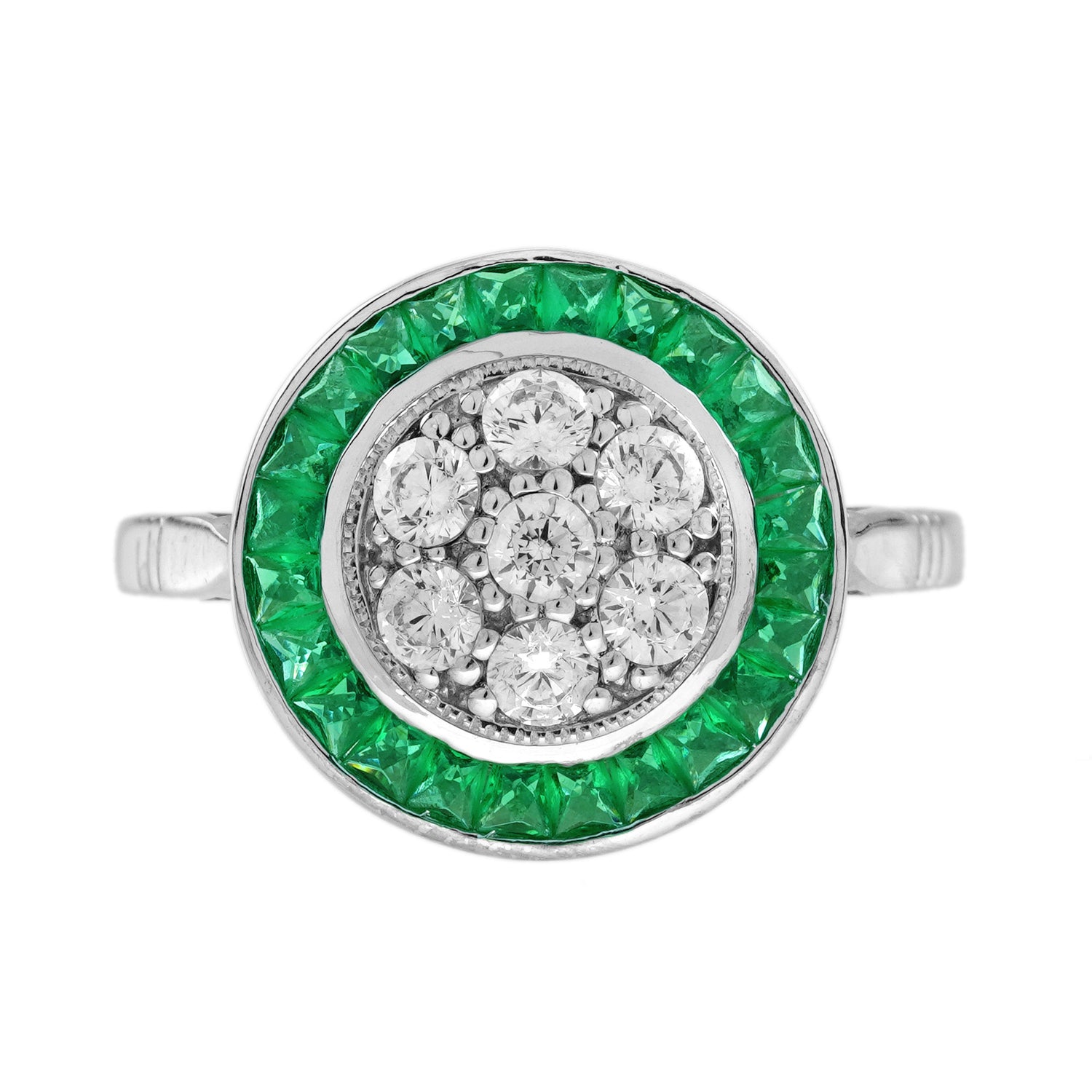Diamond Cluster &amp; Green Emerald Fancy Halo Set Art Deco Style White Gold Ring