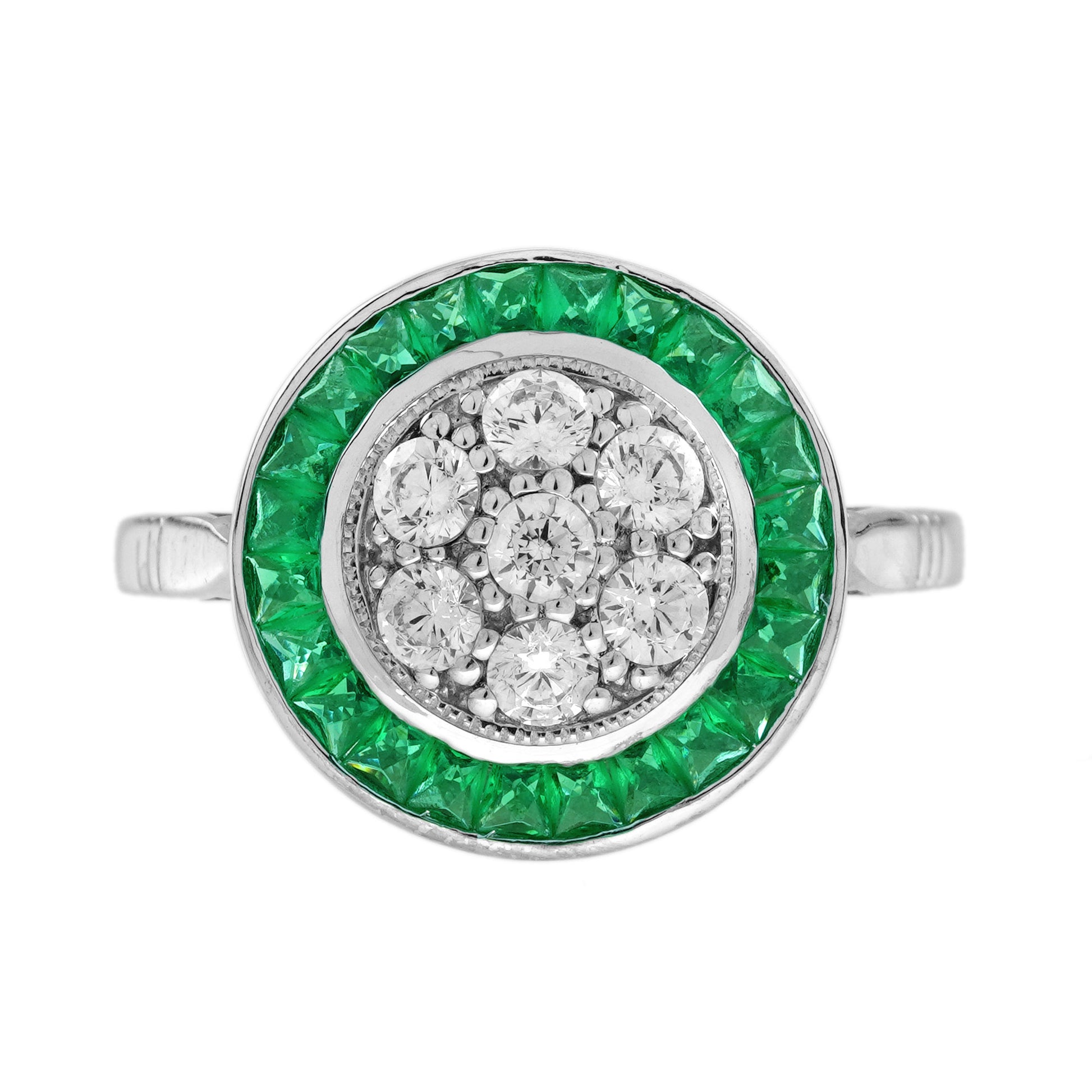 Diamond Cluster & Green Emerald Fancy Halo Set Art Deco Style White Gold Ring