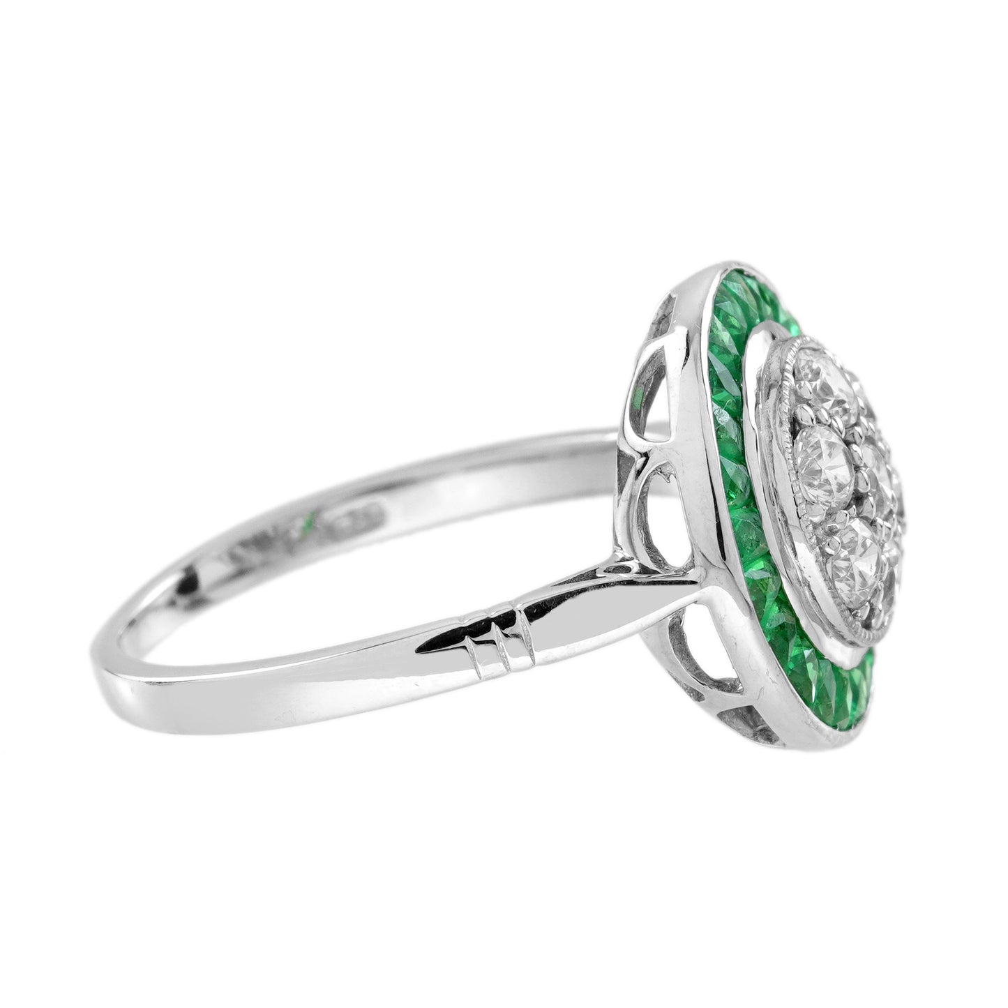 diamond cluster & green emerald fancy halo set art deco style white gold ring