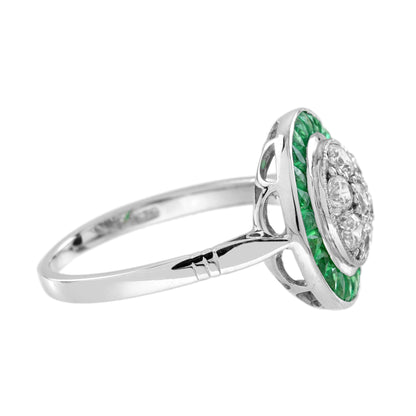 Diamond Cluster & Green Emerald Fancy Halo Set Art Deco Style White Gold Ring