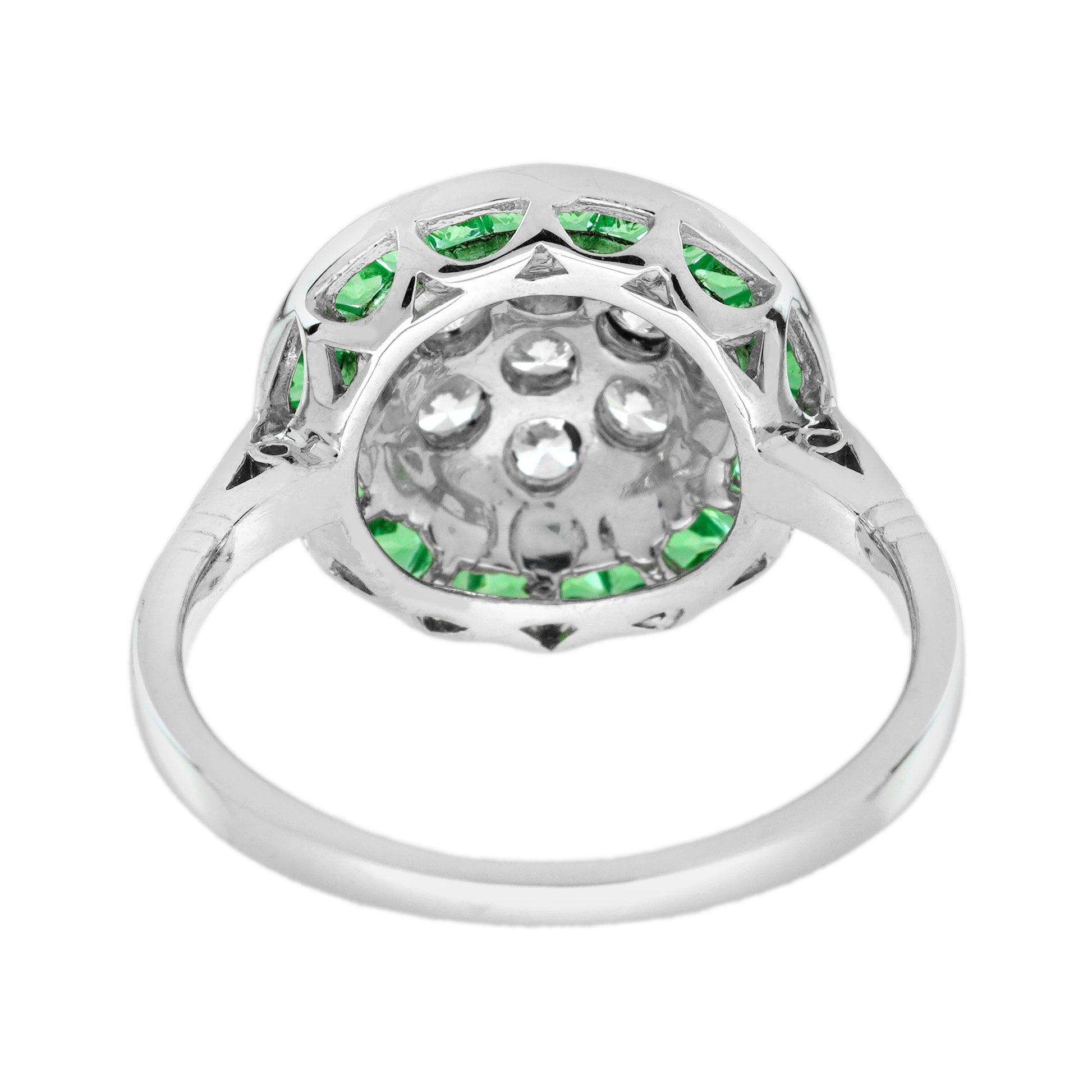Diamond Cluster & Green Emerald Fancy Halo Set Art Deco Style White Gold Ring