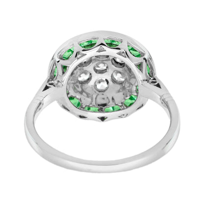 Diamond Cluster & Green Emerald Fancy Halo Set Art Deco Style White Gold Ring