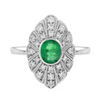 Oval Emerald & Diamond Marquise Shape Edwardian Style 14K White Gold Ring