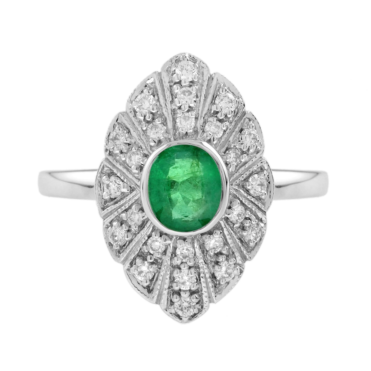 Oval Emerald &amp; Diamond Marquise Shape Edwardian Style 14K White Gold Ring